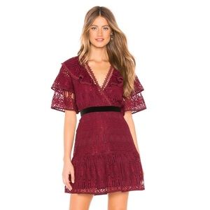 J.O.A. Ruffled Sleeves Lace Dress in Burgundy